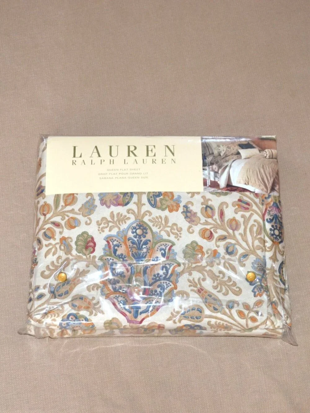 NWT Ralph Lauren Marrakesh Rug Flat Sheet Ribbon Top Edge QUEEN Vintage